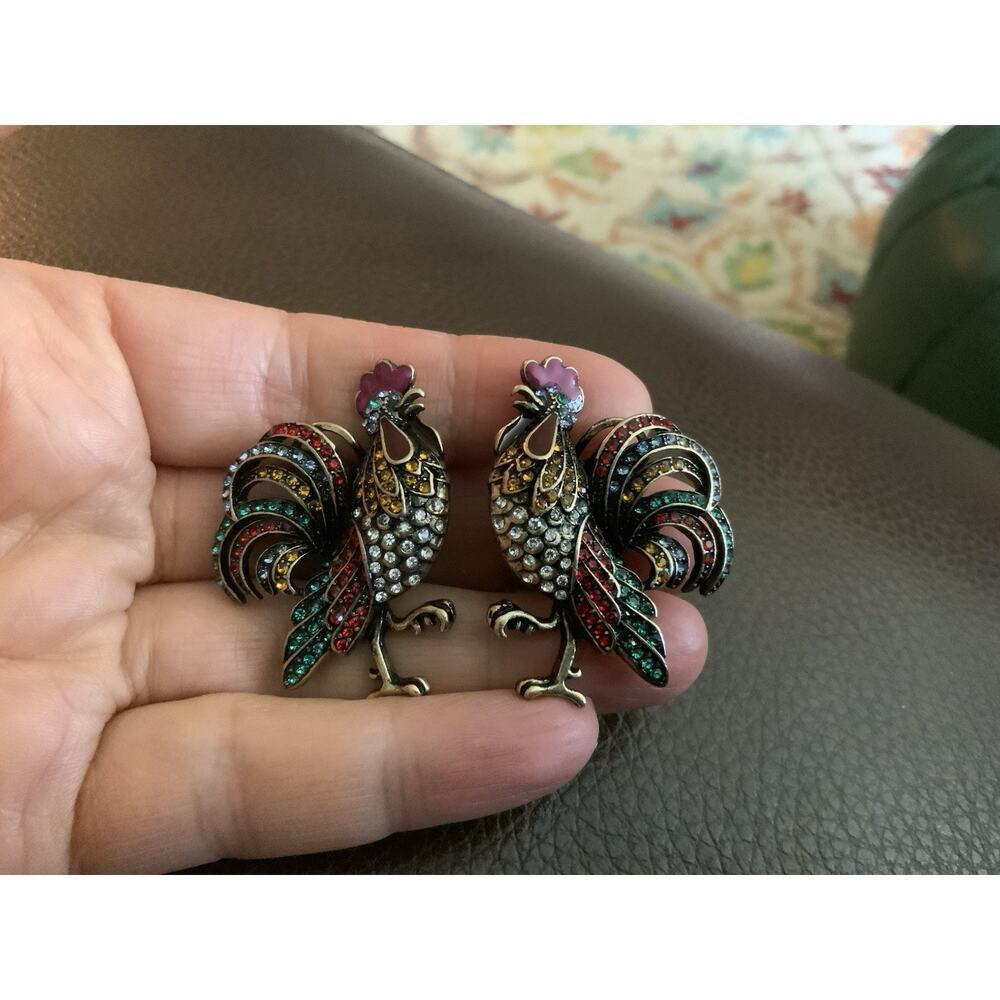 Rooster Bird Earrings VTG Museum Court Art Gold Antique Deco CZ Boho Stud Retro - Picture 7 of 9